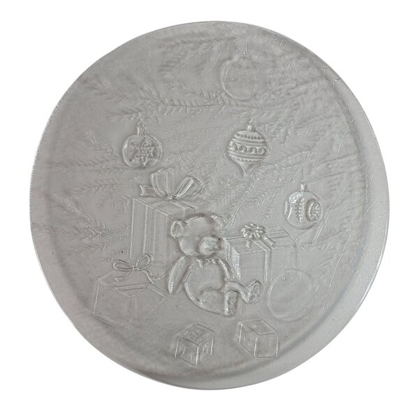 Libbey Embossed Glass Christmas Serving Platter Round 13" Bear Tree Ornament VTG - Picture 3 of 6